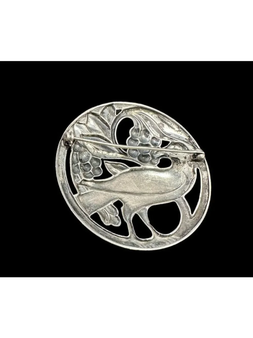 Mid Century Sterling Silver Bird Eating Berries Brooch Round Floral Vintage Pin